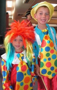 Hayden and Liam dressed at clowns for Circus Storytime