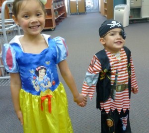 Aimee dressed up as Snow White and Ryan was a Pirate at Storytime