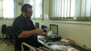 Michael scanning books
